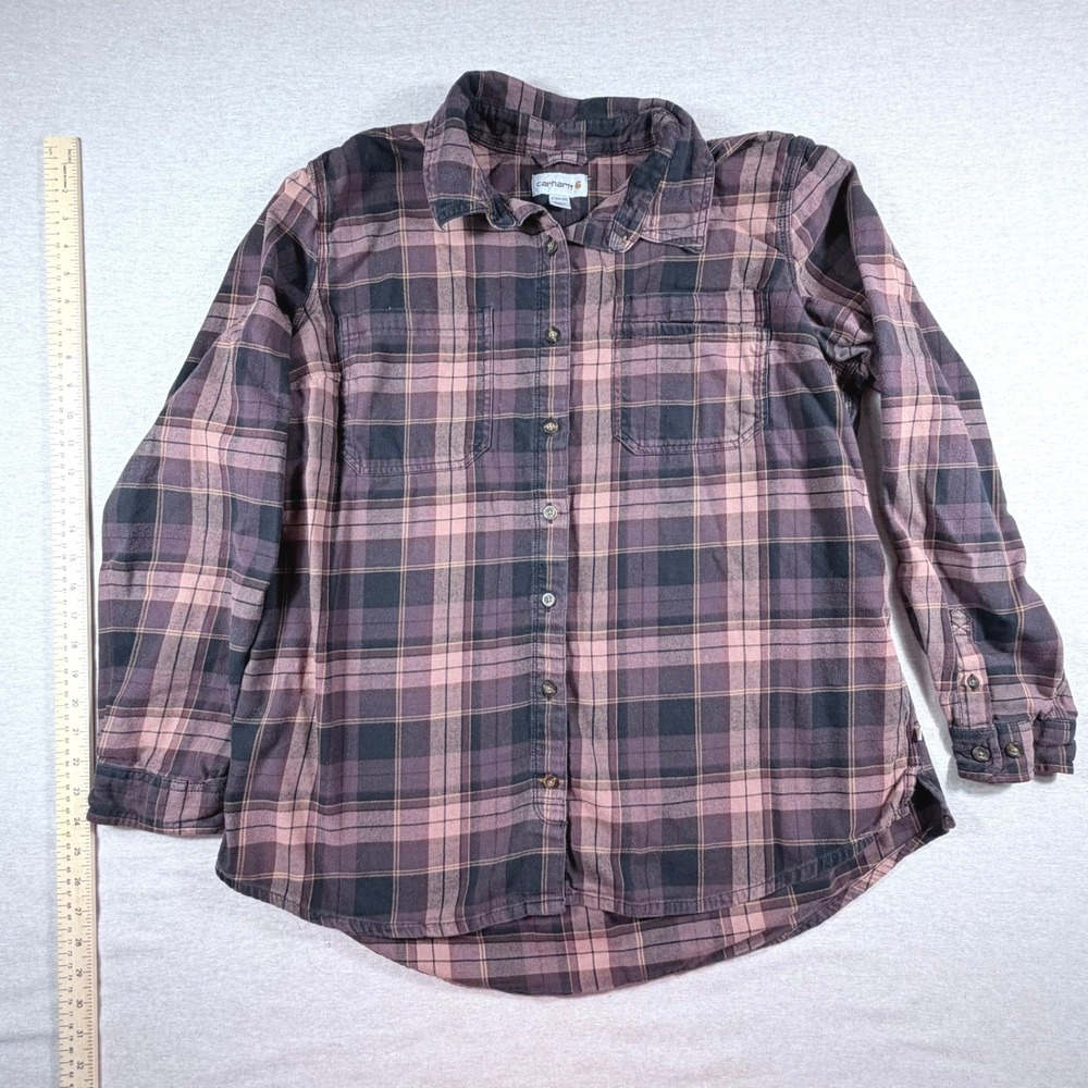 Carhartt Womens 1X Brown Burgundy Plaid Flannel Button Long Sleeve Shirt Rugged